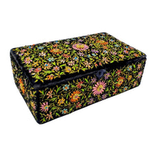 Load image into Gallery viewer, Vintage inspired hand embroidered black velvet jewelry storage box  with semi precious stones. 
