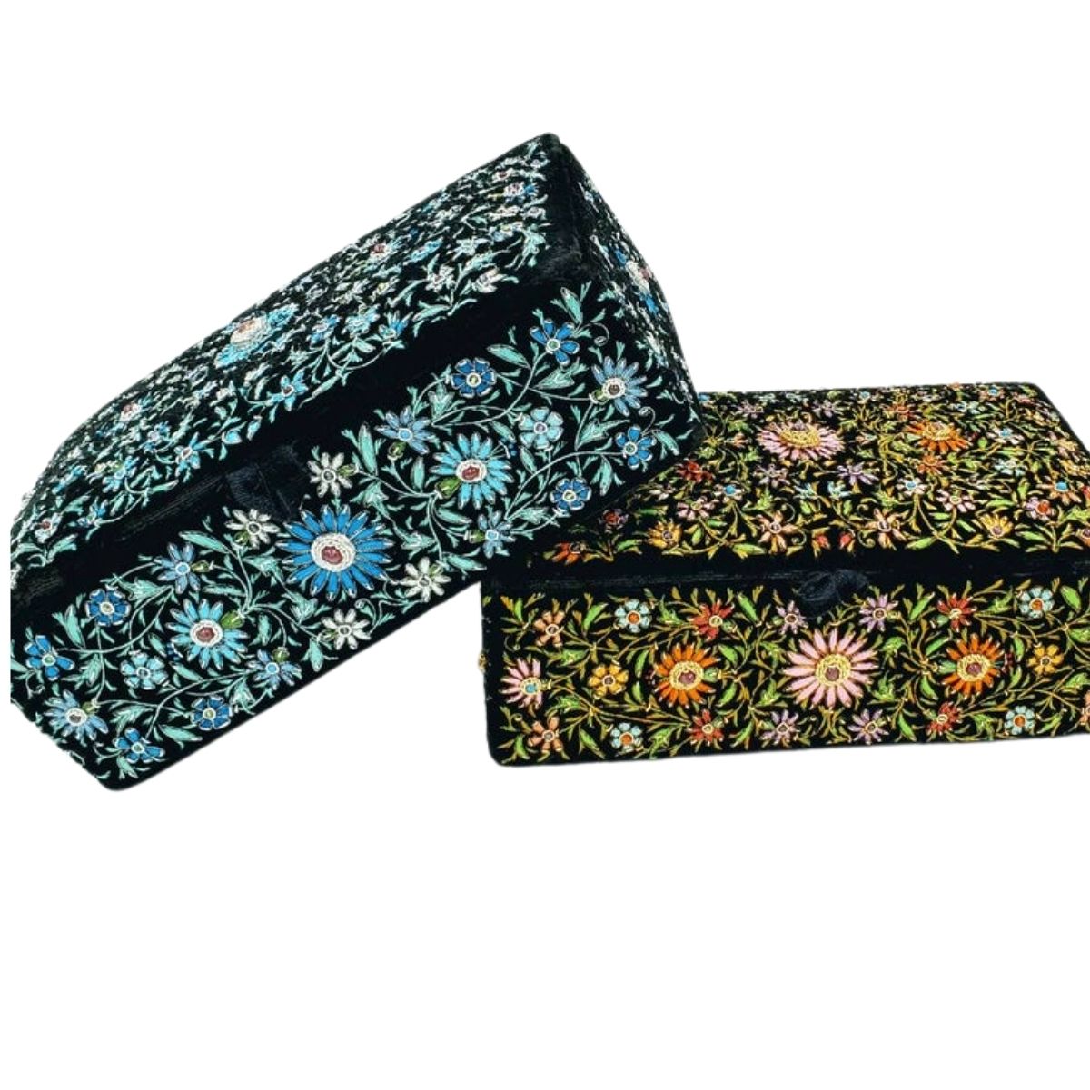 Two luxury black velvet decorative boxes, hand embroidered with blue or multicolor flowers and embellished with star rubies. e