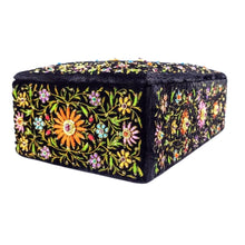 Load image into Gallery viewer, Vintage inspired black velvet treasure box, keepsake box, trinket box embroidered with multicolored flowers and star rubies. 
