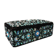 Load image into Gallery viewer, Vintage inspired black velvet treasure box, keepsake box, trinket box embroidered with blue flowers and rubies. 
