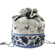 Load image into Gallery viewer, Designer gray velvet potli bag embroidered with blue flowers, zardozi purse. 
