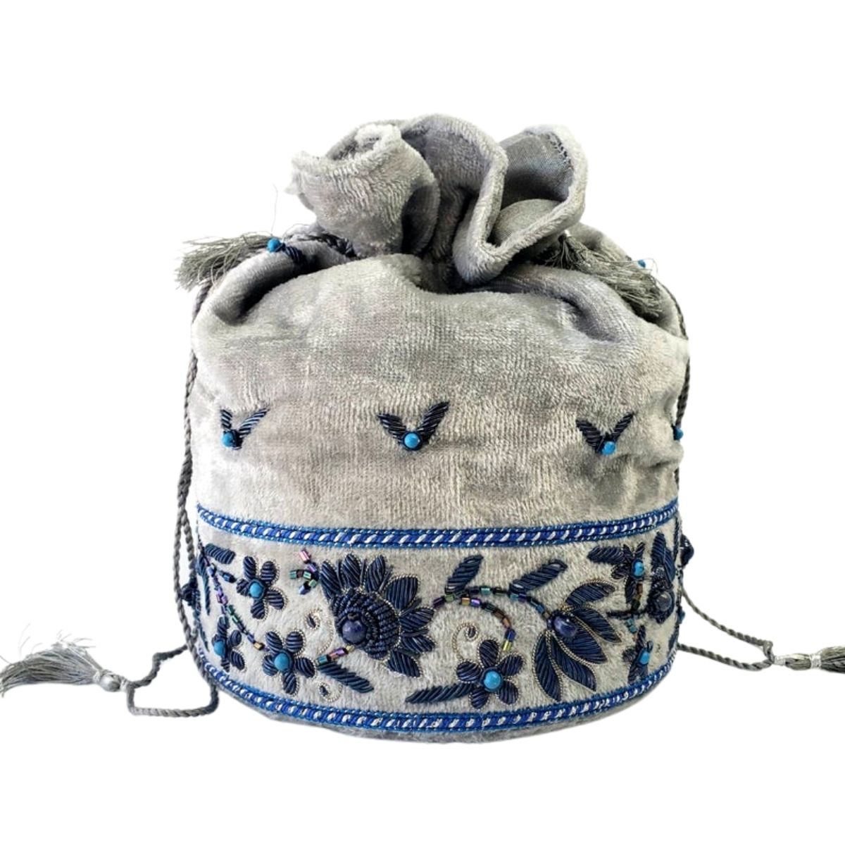 Designer gray velvet potli bag embroidered with blue flowers, zardozi purse. 