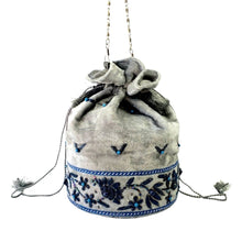 Load image into Gallery viewer, Luxury gray velvet bucket bag embroidered with blue flowers and embellished with turquoise stones. 
