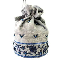 Load image into Gallery viewer, Hand embroidered gray velvet drawstring pouch bag embroidered with blue flowers and turquoise stones. 
