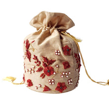 Load image into Gallery viewer, Gold silk Indian potli bag bucket bag hand embroidered with red metallic flowers and inlaid with semi precious gemstions, zardozi potli bag. 

