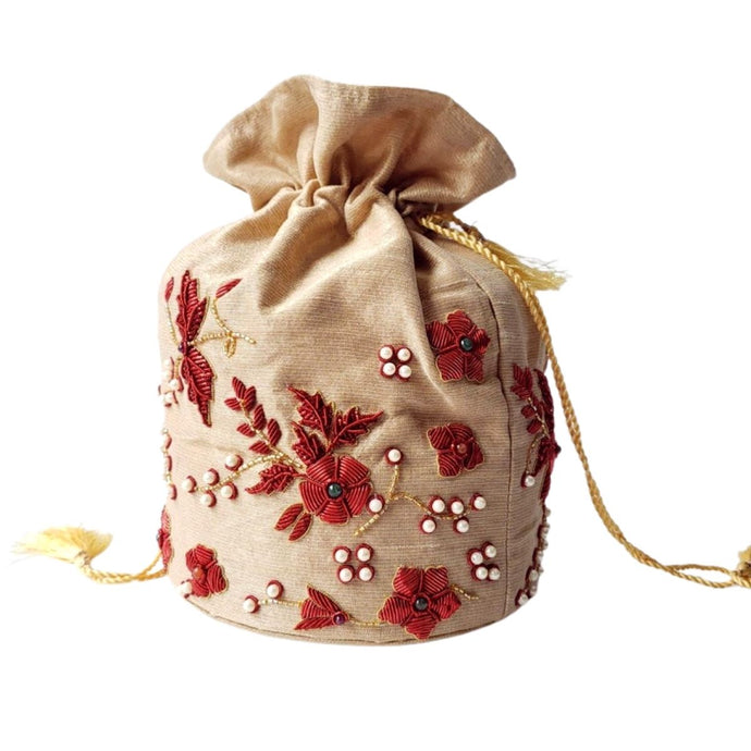 Gold silk Indian potli bag bucket bag hand embroidered with red metallic flowers and inlaid with semi precious gemstions, zardozi potli bag. 