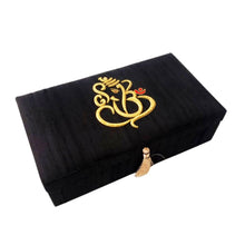 Load image into Gallery viewer, Hand embroidered black silk jewelry box , jewelry storage box with gold Lord Ganesha. 
