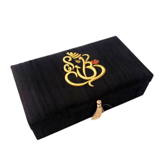 Hand embroidered black silk jewelry box , jewelry storage box with gold Lord Ganesha. 
