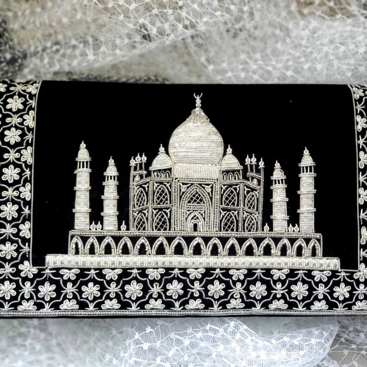 Vintage inspired silver embroidered Taj Mahal purse. 