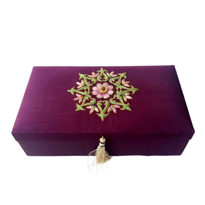 Embroidered silk memory box with flower. 