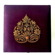 Load image into Gallery viewer, Luxury embroidered purple keepsake box, with semi precious stones zardozi box. 
