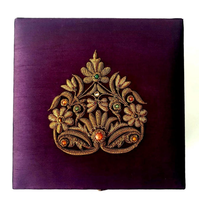 Luxury embroidered purple keepsake box, with semi precious stones zardozi box. 