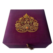 Load image into Gallery viewer, Designer keepsake box, purple silk embroidered with copper design. 
