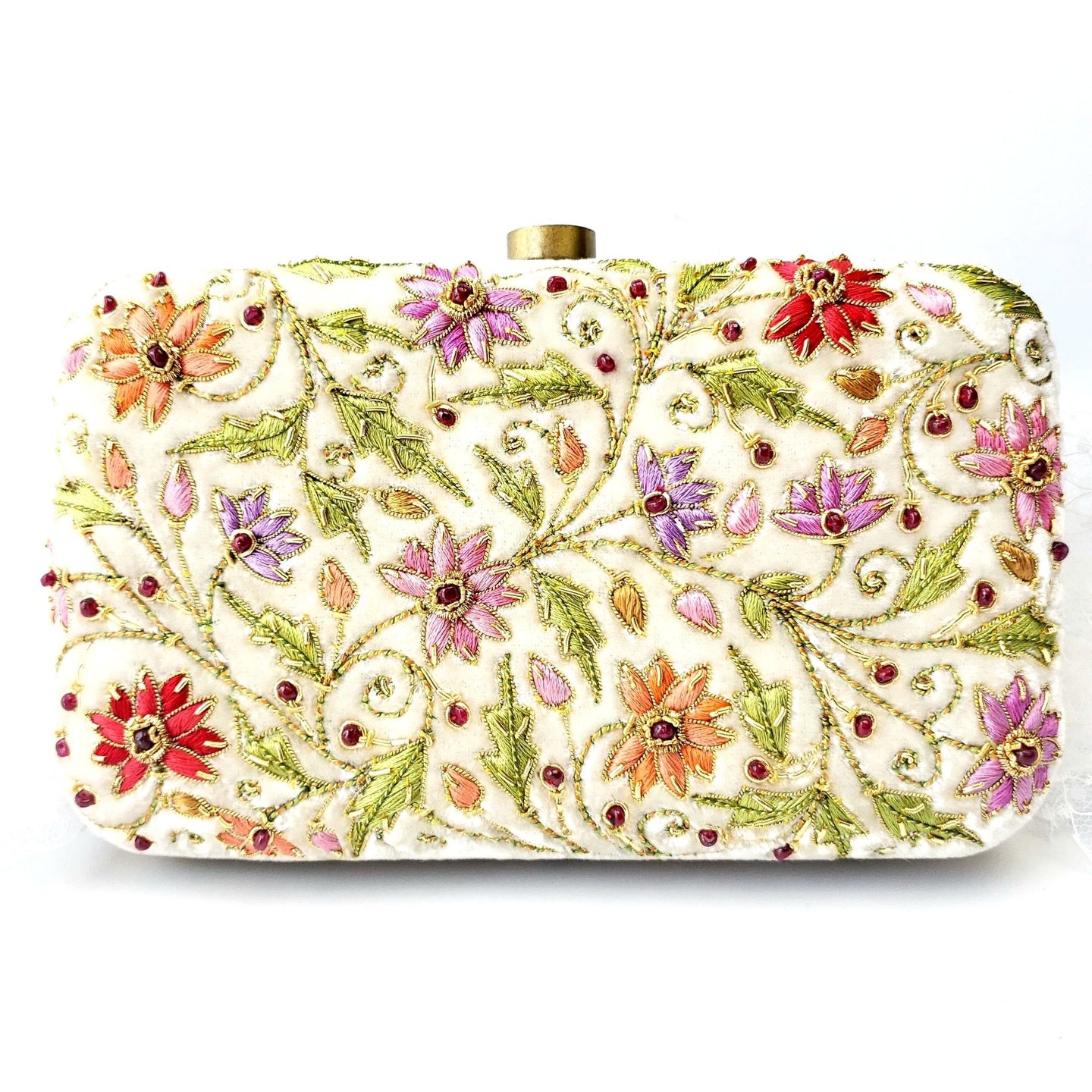Luxury ivory velvet hard case clutch bag minaudiere hand embroidered with multicolor silk flowers and embellished with ruby gemstones, zardozi embroidery. 