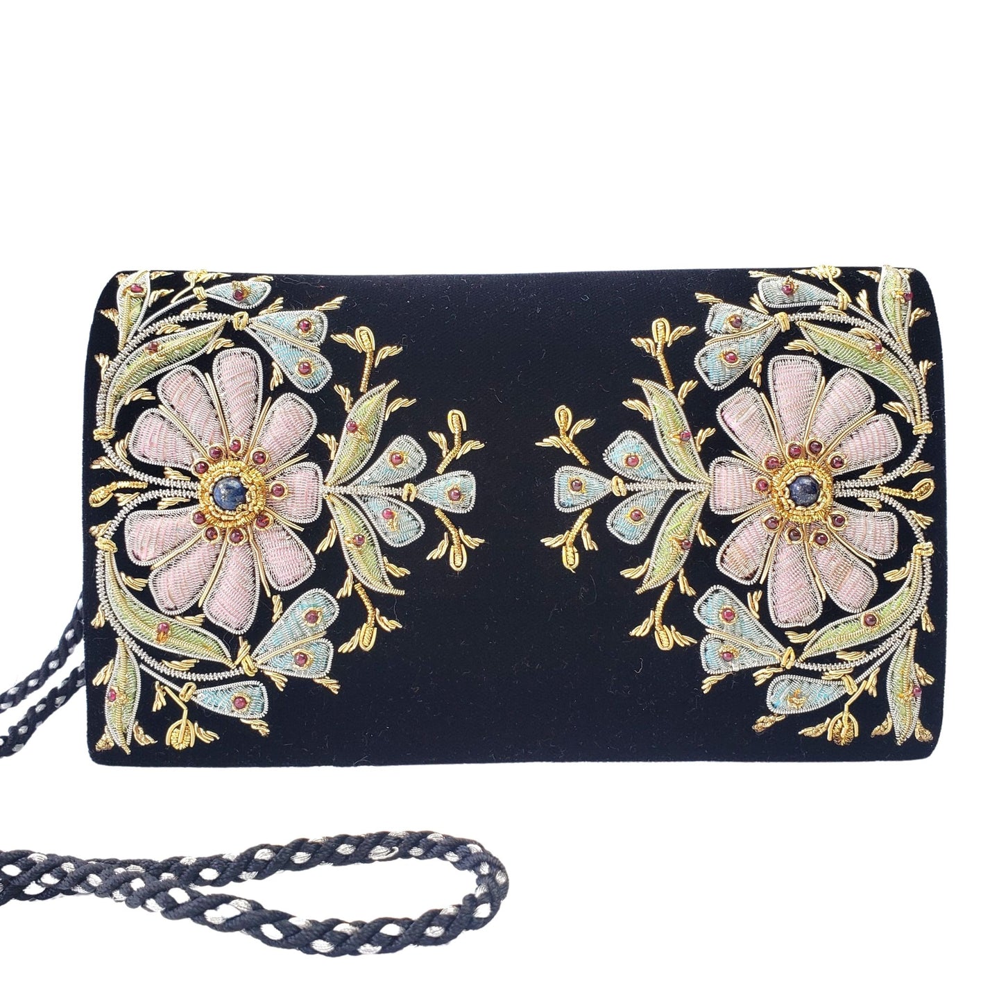 Embroidered black velvet clutch with pink flowers and inlaid with lapis lazuli and garnet gemstones, zardozi purse. 
