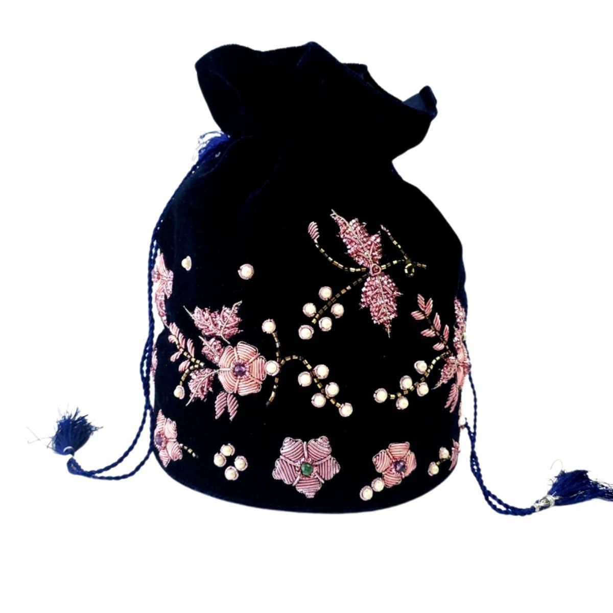 Navy blue velvet potli bag bucket bag embroidered with pink metallic flowers and inlaid with semi precious stones, Indian potli bag.