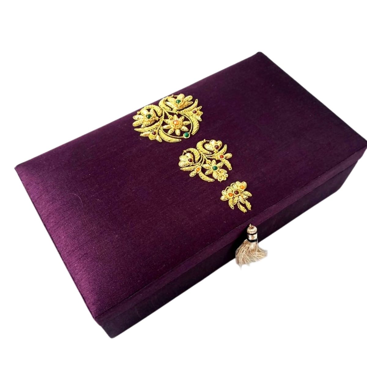 Luxury purple silk blend rectangular jewelry storage box embroidered with gold flowers and embellished with semi precious stones, zardozi box.