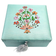 Load image into Gallery viewer, Pale blue silk keepsake box hand embroidered with colorful flowers and semi precious gemstones, zardozi box. 
