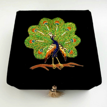 Load image into Gallery viewer, Luxury black velvet presentation gift box embroidered with peacock. 
