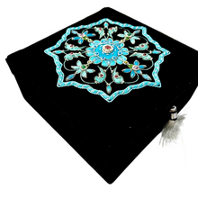 Load image into Gallery viewer, Luxury black velvet memory box, decorative box embroidered with blue flowers and embellished with ruby. 
