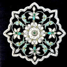 Load image into Gallery viewer, Luxury black silk jewelry box, jewelry storage box embroidered with white flower and emerald cabochon, zardozi box., close up view. 
