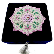 Load image into Gallery viewer, Luxury navy blue velvet jewelry box, jewelry storage box, embroidered with pink and purple flowers and star ruby, zardozi box. 
