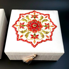 Load image into Gallery viewer, White silk wedding keepsake box embroidered with red flowers and ruby, zardozi box. 
