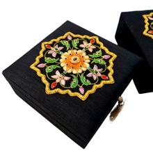 Load image into Gallery viewer, Luxury black silk jewelry box, jewelry storage box, embroidered with orange flowers and ruby, zardozi box. 
