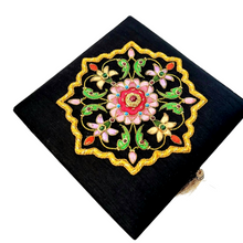 Load image into Gallery viewer, Luxury memory box for her, embroidered with colorful pink floral design and embellished with rubies and emeralds. 
