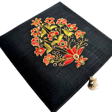 Load image into Gallery viewer, Luxury black silk keepsake box, jewelry storage box, embroidered with red flowers and embellished with semi precious stones, zardozi box. 
