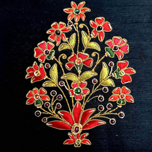 Load image into Gallery viewer, Hand embroidered red flowers on black silk decorative box, with semi precious stones, close up view. 
