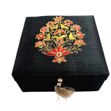 Load image into Gallery viewer, Luxury black silk memory box, presentation box, embroidered with red flowers and semi precious stones.
