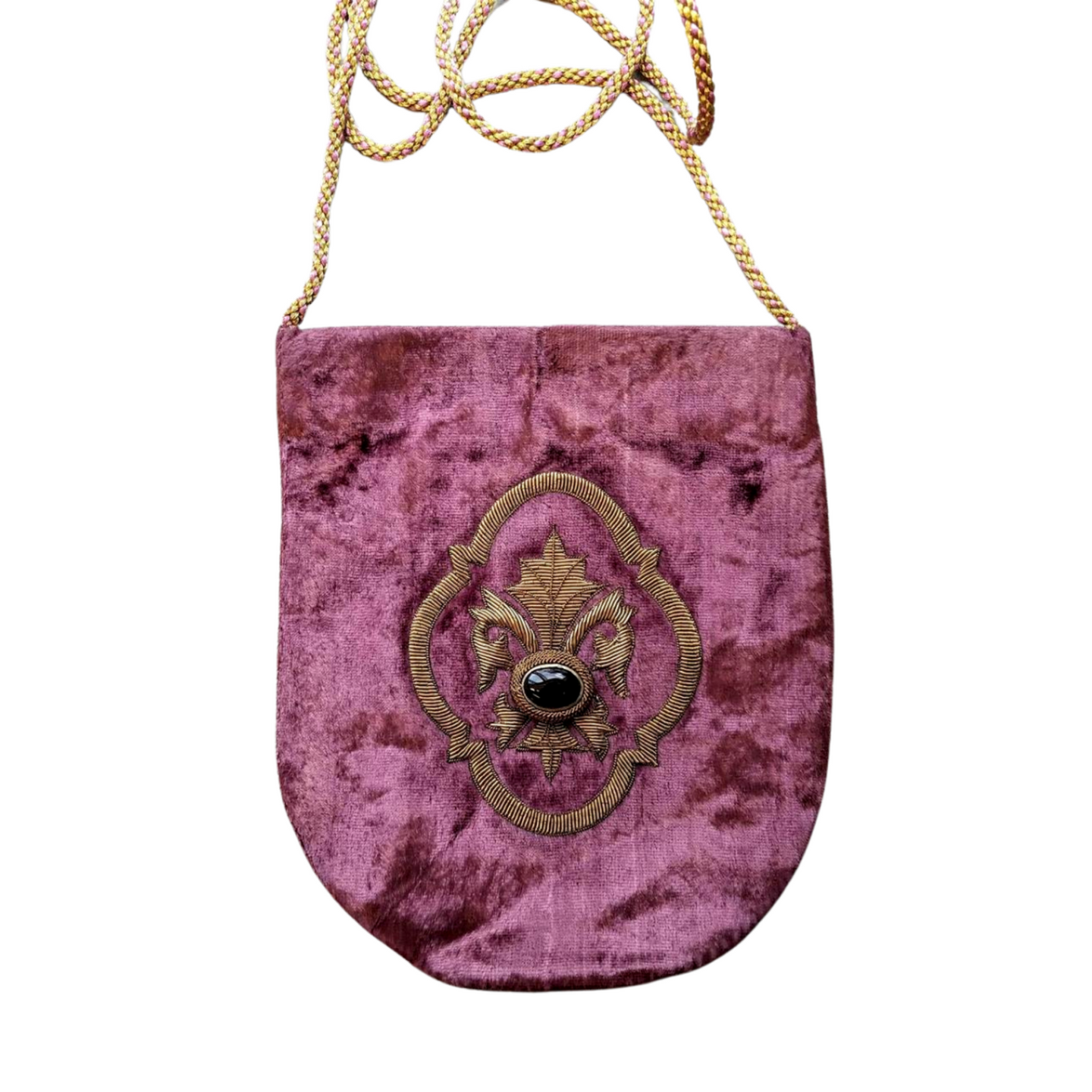 Fleur de lys embroidered on purple crossbody bag with onyx stone. 