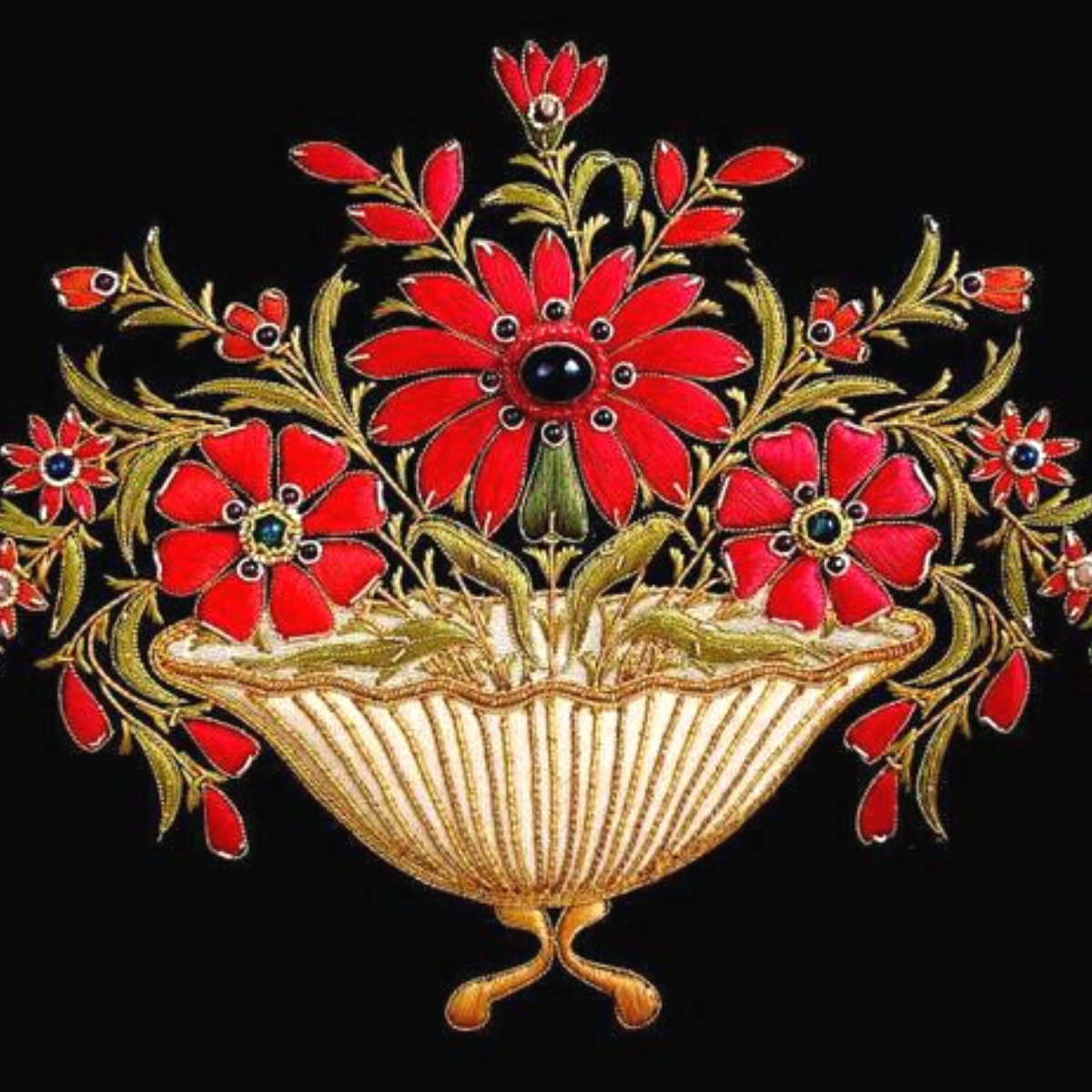 Red Flowers in Gold Vase