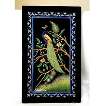 Load image into Gallery viewer, Hand embroidered peacock wall art, velvet and silk peacock tapestry, zardozi tapestry. 

