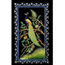 Load image into Gallery viewer, Luxury peacock needlepoint art, wall tapestry of silk and velvet with semi precious stones. 
