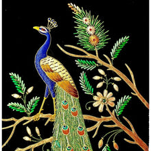 Load image into Gallery viewer, Hand embroidered peacock in a tree, embroidered peacock tapestry, zardozi wall art. 
