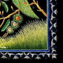 Load image into Gallery viewer, Embroidered peacock tapestry, close up view of border.
