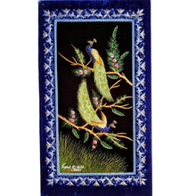 Load image into Gallery viewer, Embroidered peacock tapestry of two dancing peacocks in a tree with elaborate embroidered border of semi precious stones, zardozi wall art. 
