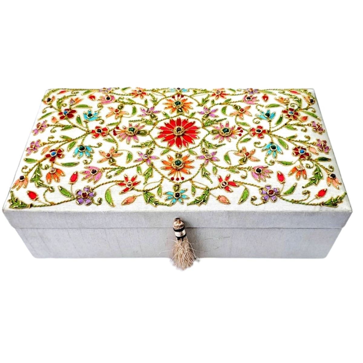 White silk keepsake box hand embroidered with silk flowers and semi precious gemstones, zardozi box. 