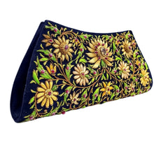 Load image into Gallery viewer, Designer black silk clutch embroidered with yellow gold silk flowers and embellished with citrine and star rubies, side view.
