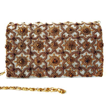 Load image into Gallery viewer, Exclusive designer gray velvet clutch bag embroidered with copper flowers and embellished with tiger eye and garnet gemstones. 

