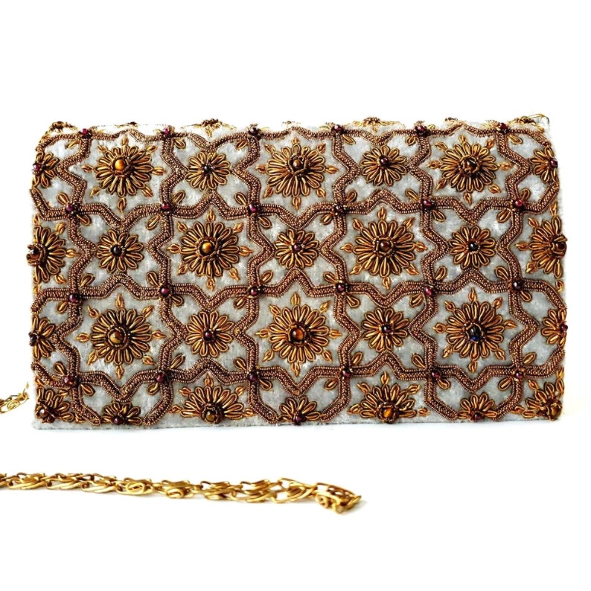 Exclusive designer gray velvet clutch bag embroidered with copper flowers and embellished with tiger eye and garnet gemstones. 