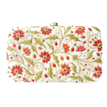 Load image into Gallery viewer, Bridal clutch bag on ivory velvet embroidered with red flowers and embellished with genuine ruby gemstones, zardozi purse. 
