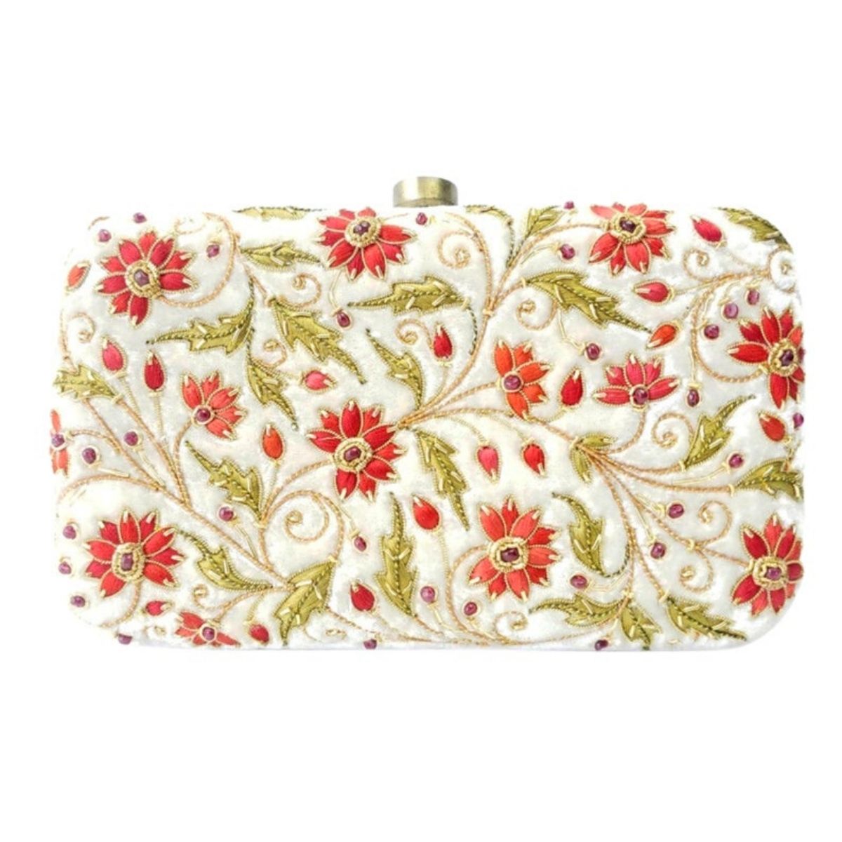 Bridal clutch bag on ivory velvet embroidered with red flowers and embellished with genuine ruby gemstones, zardozi purse. 