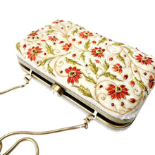 Load image into Gallery viewer, Wedding clutch for bride, ivory velvet hard case clutch embroidered with red flowers and inlaid with rubies.
