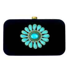 Load image into Gallery viewer, Turquoise flower hand embroidered on black velvet hard case clutch bag and embellished with turquoise stone, zardozi purse.
