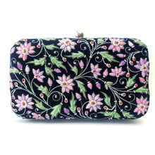 Load image into Gallery viewer, Luxury navy velvet clutch bag embroidered with lavender purple and silk flowers and embellished with rubies.
