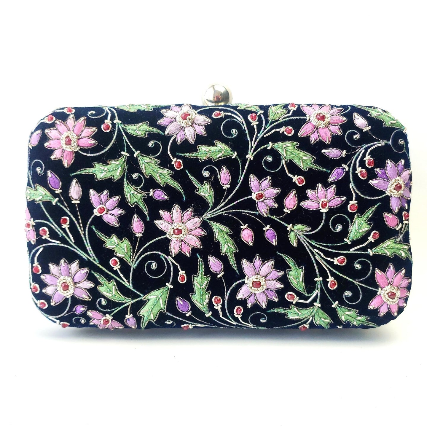 Luxury navy velvet clutch bag embroidered with lavender purple and silk flowers and embellished with rubies.