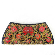 Load image into Gallery viewer, Red floral clutch bag on black silk inlaid with star rubies, zardozi evening bag. 
